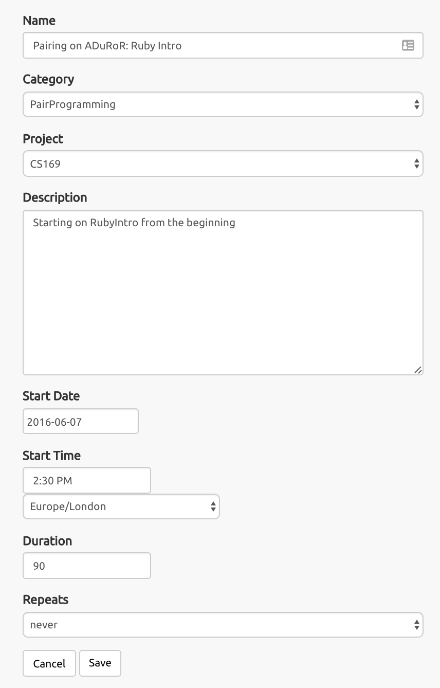 creating a pair programming event on the AgileVentures website