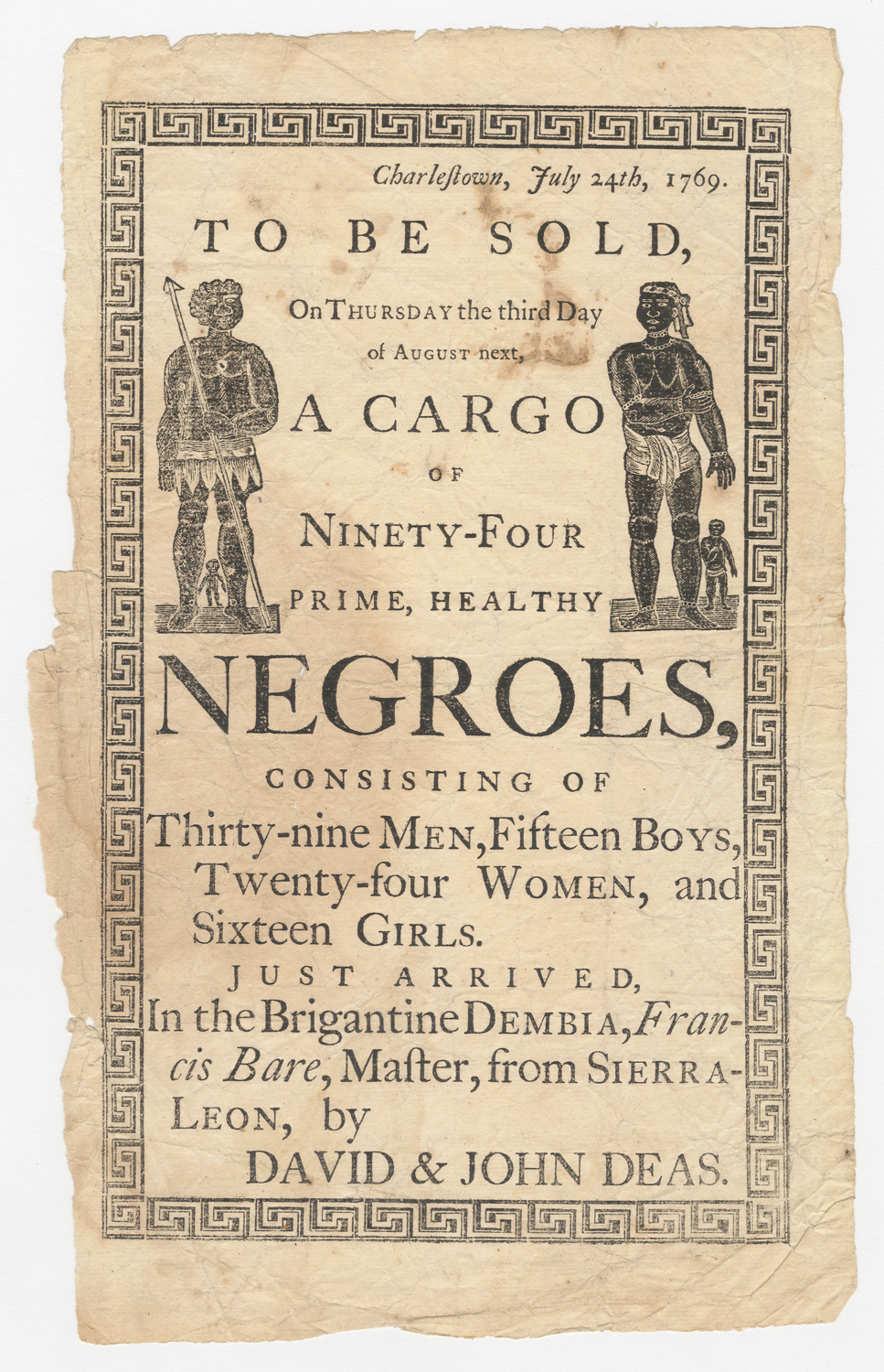 Announcement of the 1769 arrival of the ship Dembia to Charleston, South Carolina, describing a tragic historical event –- the slave auction.