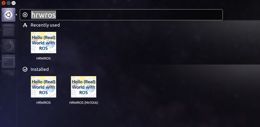 Ubuntu Dash showing the HRWROS launcher shortcuts