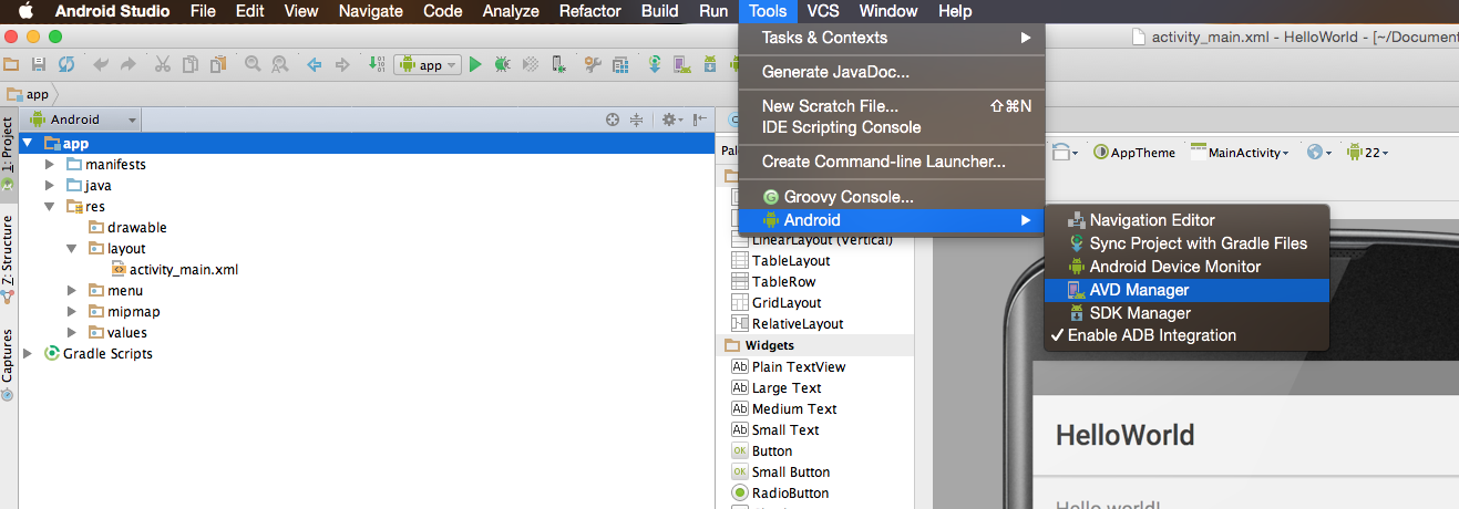 Tools->Android Menu