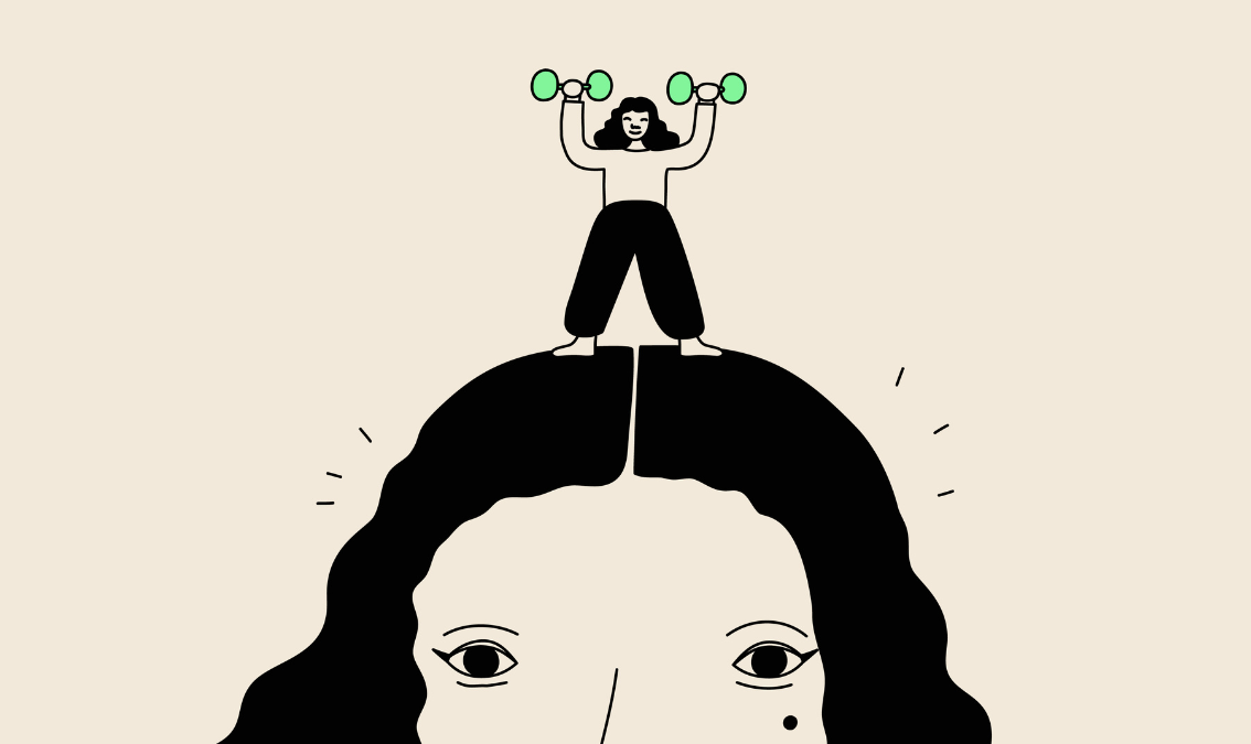 Illustration of a person’s face with a miniature avatar excitedly lifting dumbbells.