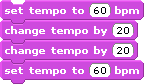 a set tempo to 60 block followed by a change tempo by 20 block, a change tempo by 20 block, and finally a set tempo to 60 block