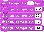 a set tempo to 60 block followed by a change tempo by -10 block, a change tempo by 20 block, a change tempo by 40 block, and a change tempo by -50 block