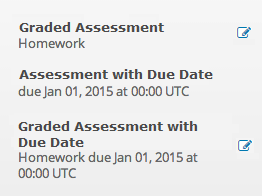 The course accordion with three examples of assignments: one with a due date, one with a grade, and one with a due date and a grade.
