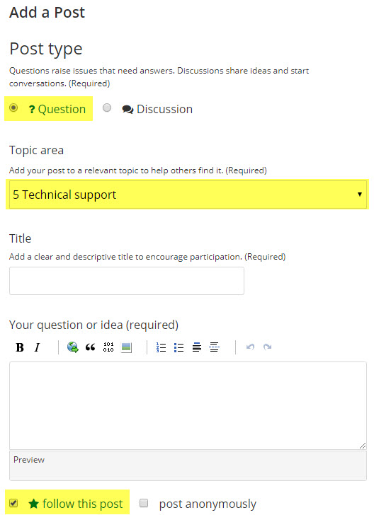 Discussion catetories with Technical support selected