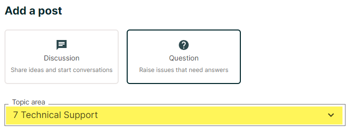 Discussion catetories with Technical support selected