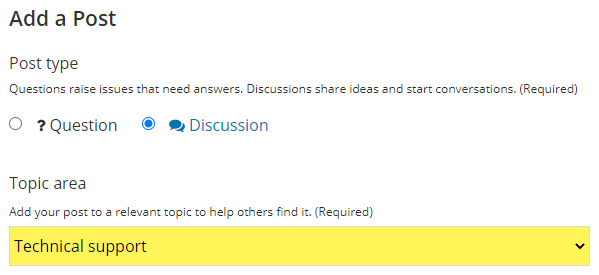 Discussion catetories with Technical support selected