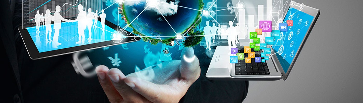 Palm holding graphic images of an ipad, earth and laptop with 2D human images and weblinks connecting each graphic image with the other denoting connectivity