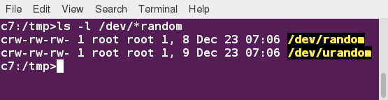 How the Kernel Generates Random Numbers: screenshot of ls -l /dev/*random