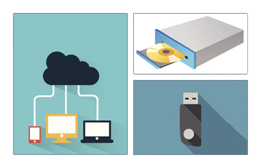 Three pictures: one showing a cell phone, computer and laptop connected to the cloud; another one showing disk drive with a CD inserted; and the last one showing pen drive
