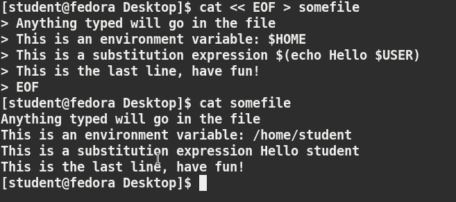Using cat: the cat << EOF > somefile command and its output, along with the cat somefile command and it's output
