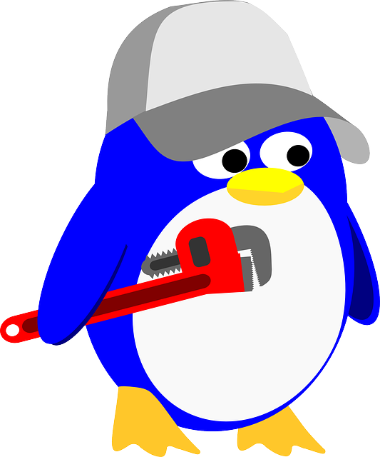 Blue cartoon penguin carrying monkey wrench