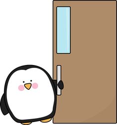 Cartoon penguin opening the door