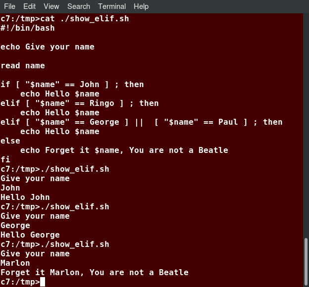 The elif Statement: a screenshot with an example cat ./show_elif.sh