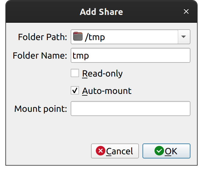 An image of the dialogue box for adding a new shared folder