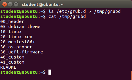 Screenshot with an example of output redirection: ls /etc/grub.d . /tmp/grubd