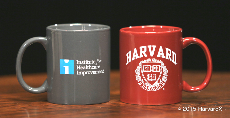 An IHI mug and a Harvard mug facing each other, as if in conversation.