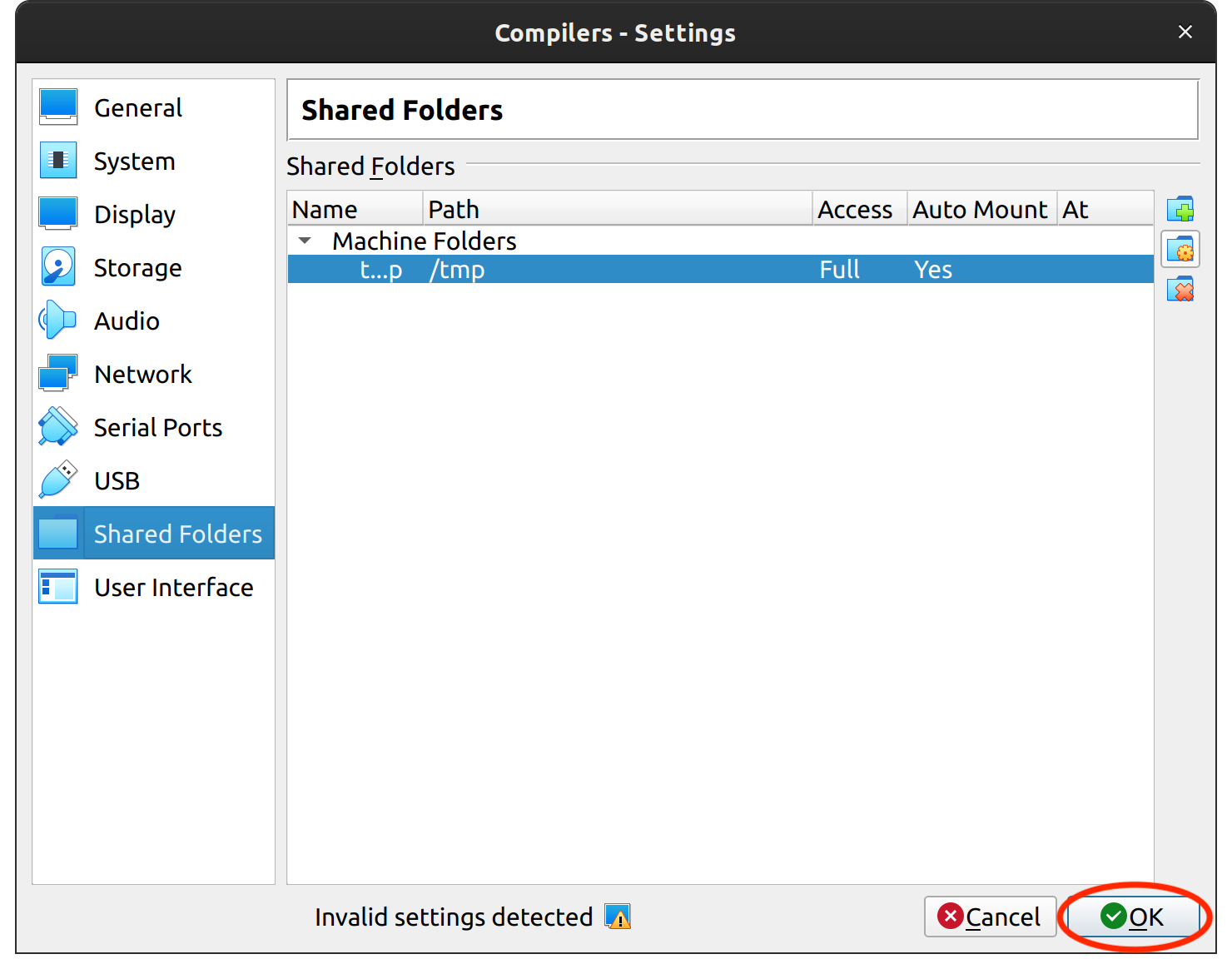An image of the VirtualBox settings menu with the "Ok" button circled in red
