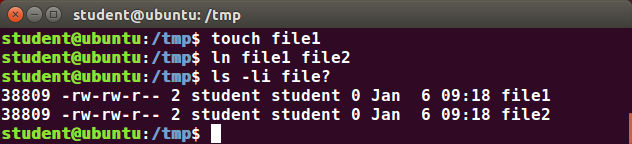 Hard Links: $ touch file1, $ ln file1 file2, $ ls -li file?