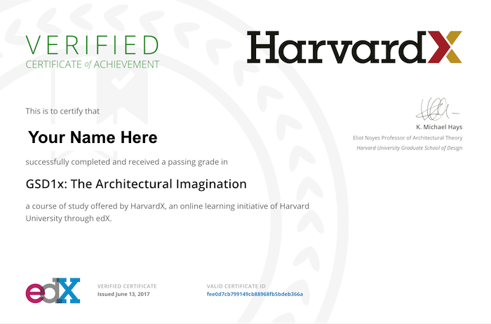 Example of HarvardX certificate with HarvardX and edX logos, faculty signature, and course name 