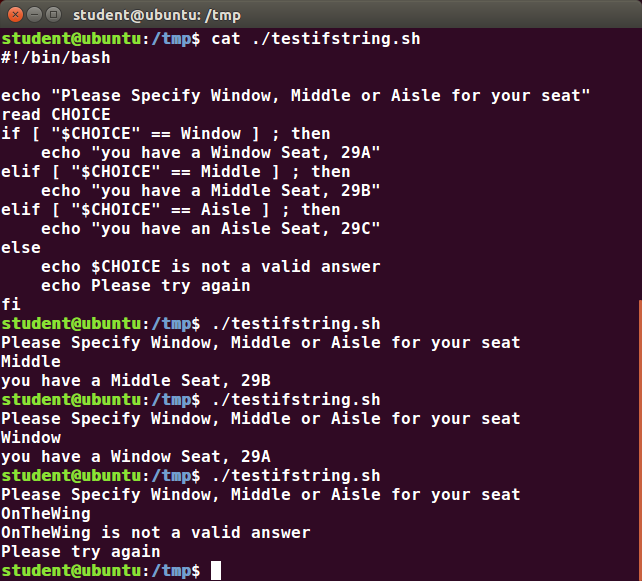 Example of Testing of Strings: screenshot of the command cat ./testifstring.sh and its output
