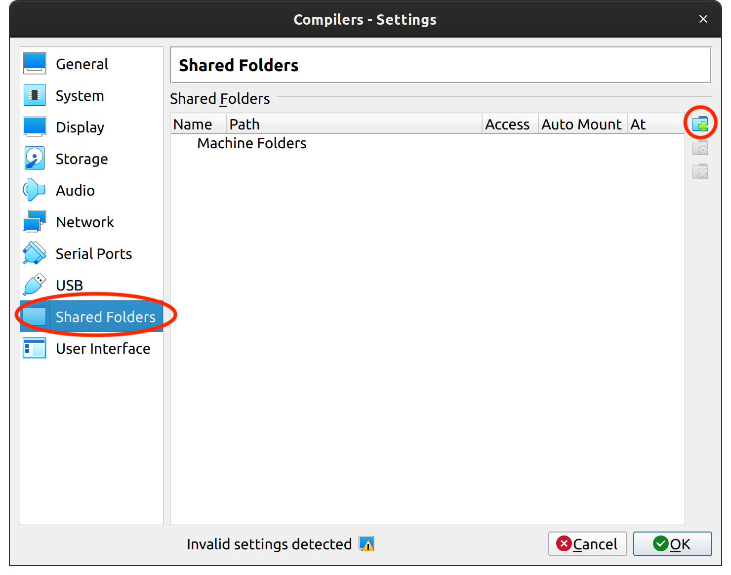 an image of the VirtualBox settings pane with the "Shared folders" tab and the "add new folder" butter circled in red