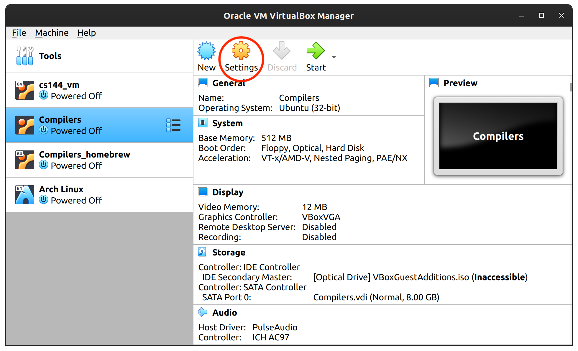 an image of the VirtualBox homepage with the settings button circled in red