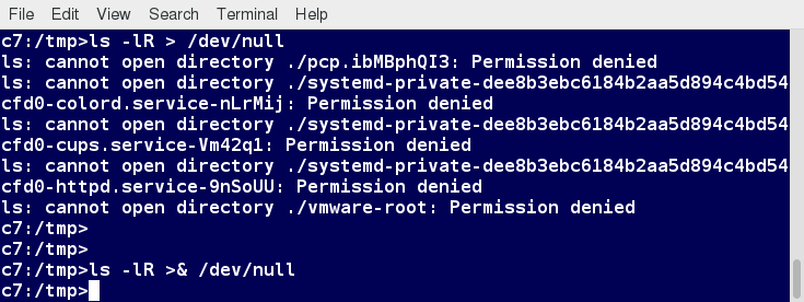 Discarding Output with /dev/null - screenshot