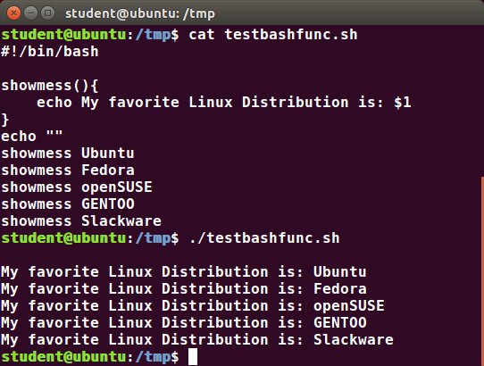 Functions: a screenshot of cat testbashfunc.sh and its output; and of ./testbashfunc.sh and its output
