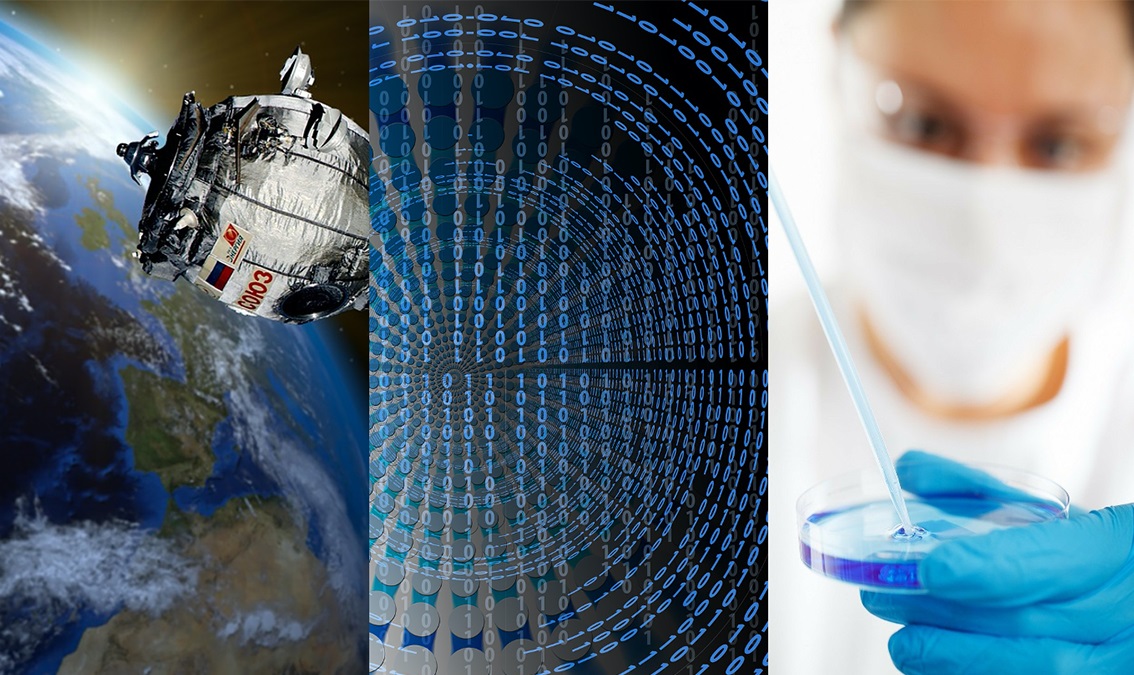 Course image showing satellite, code and a researchers using a Petri dish