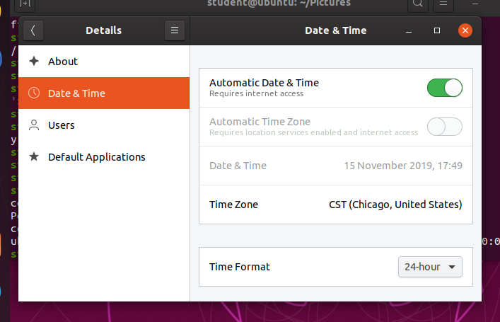  Screenshot showing Date and Time Settings in Ubuntu