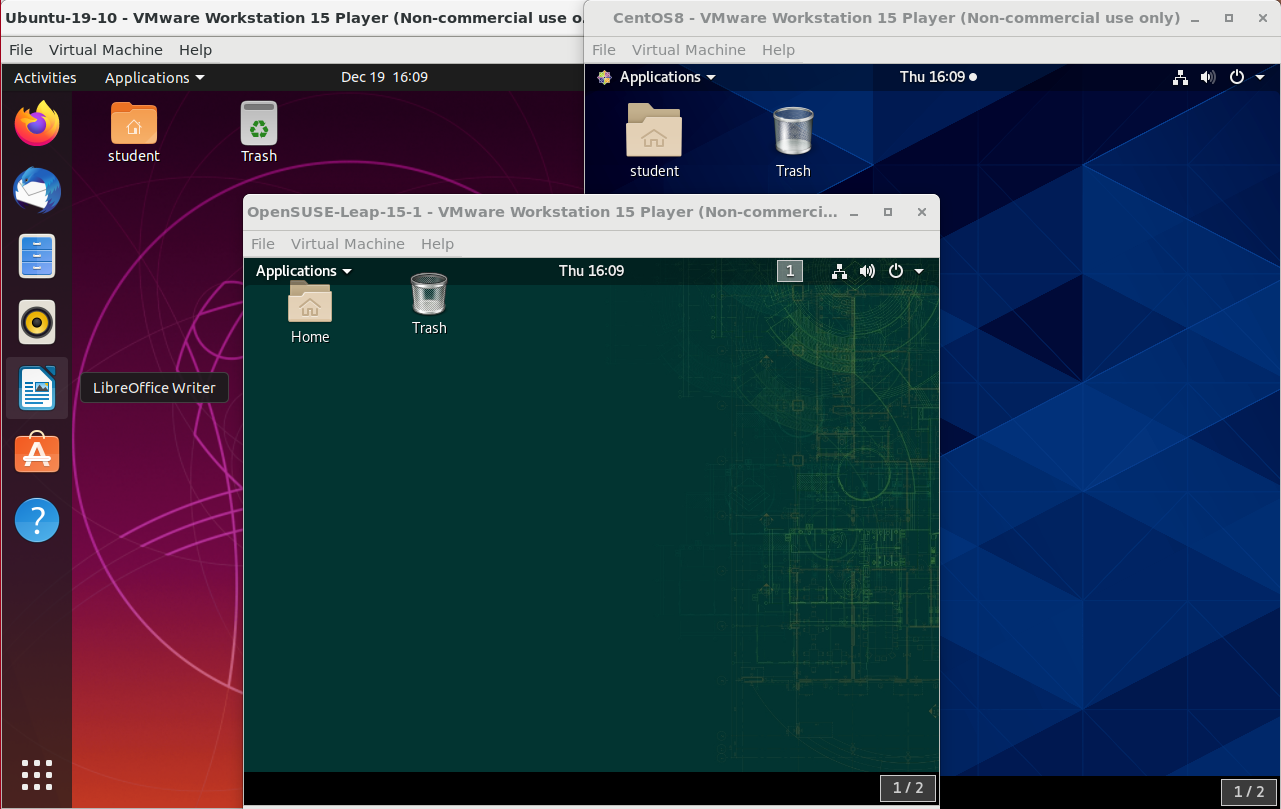 Three screenshots showing Ubuntu, CentOS, and OpenSUSE desktops