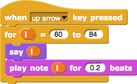 when (up arrow) key pressed (for (i = 60 to 84) (say (i), play note (i) for (0.2) beats))